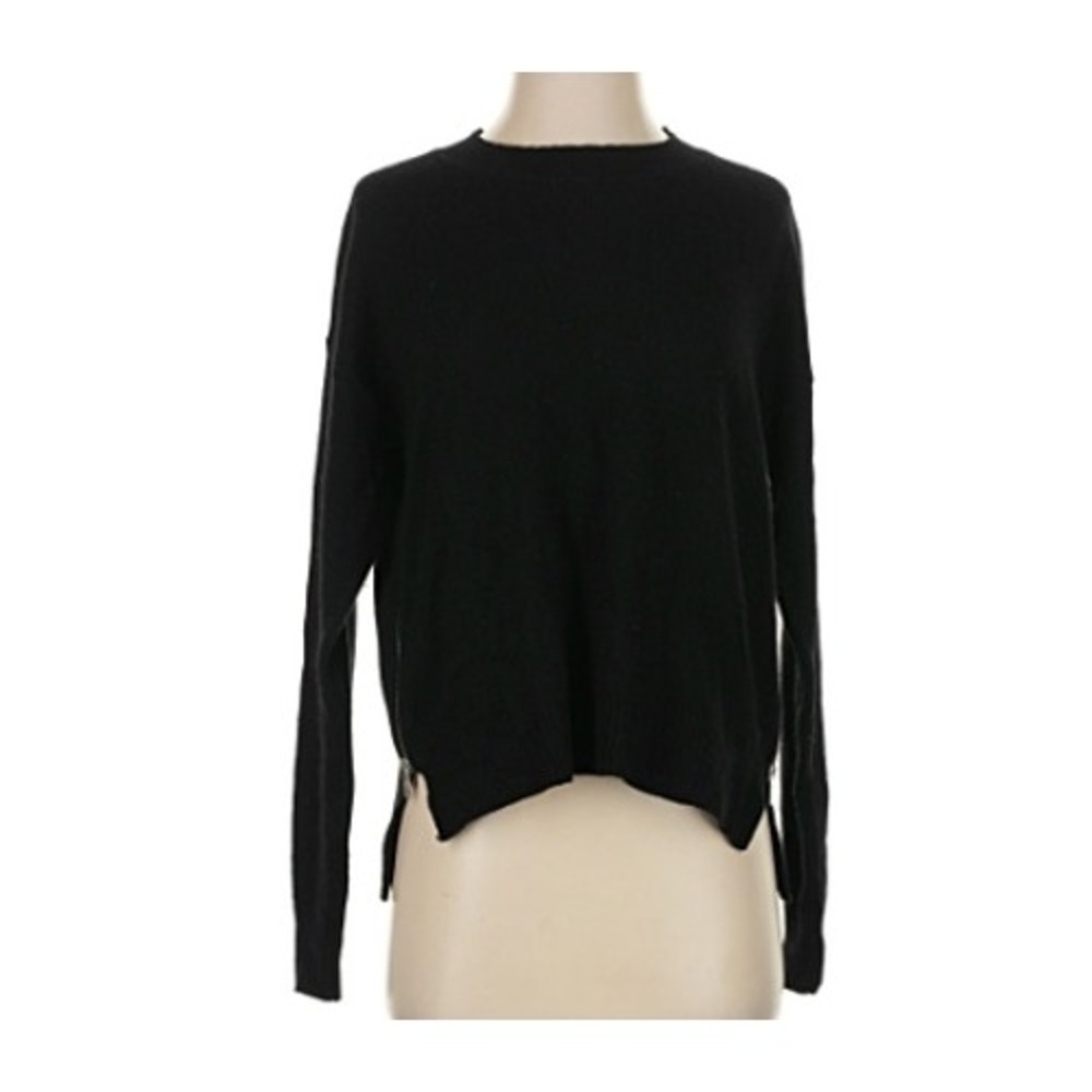 Vertical Design 100% Cashmere Sweater Black‎ Side Zip 2-Ply Crew Nk Pullover S M